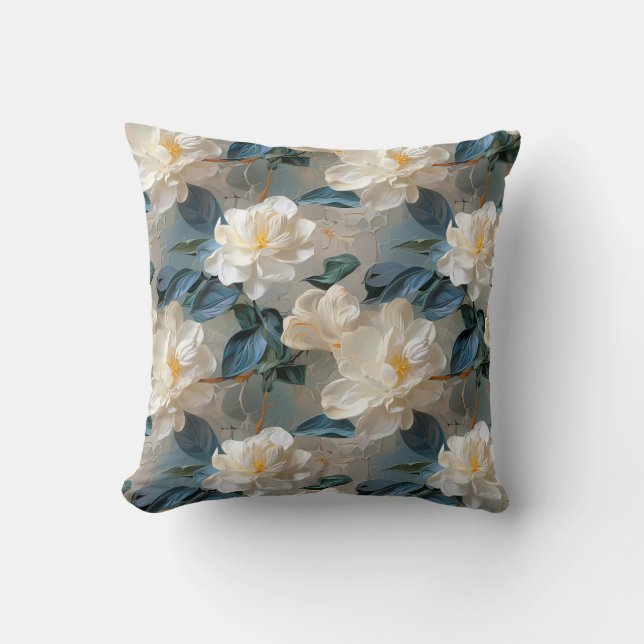 Elegant Gardenia Floral Pattern Cushion (Front)