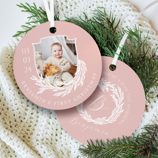 Elegant Garland Wreath Crest Baby First Christmas Metal Tree Decoration (Elegant Garland Wreath Crest Baby First Christmas Metal Ornament)