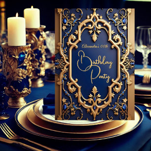 Elegant Garnet Blue Gold Ornate Birthday Party Invitation