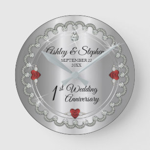 Elegant Garnet Diamonds 1st Wedding Anniversary  Round Clock