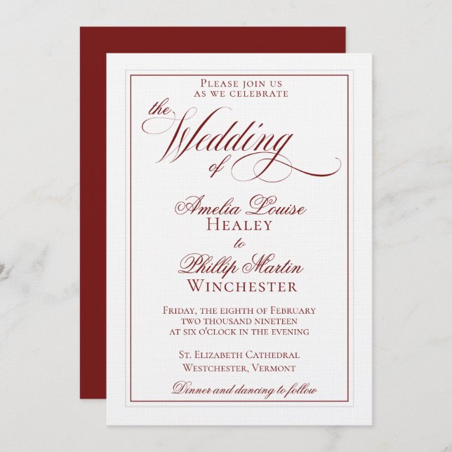 Elegant Garnet Red and White Wedding Invitation (Front/Back)
