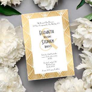 Elegant Gatsby Art Deco White & Gold Wedding Invitation