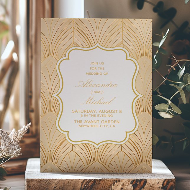Elegant Gatsby Art Deco White & Gold Wedding  Invitation (Creator Uploaded)