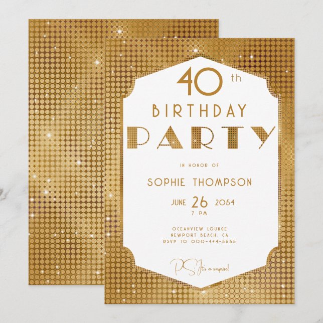 Elegant Gatsby White and Gold Deco 40th Birthday Invitation (Front/Back)