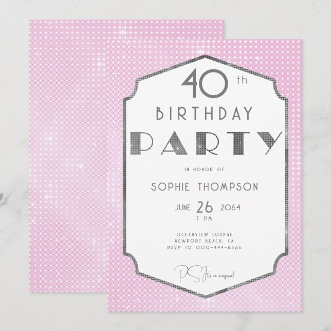 Elegant Gatsby White Gold Pink Deco 40th Birthday Invitation (Front/Back)