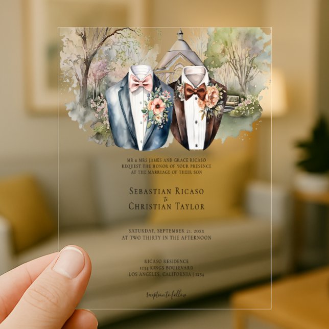 Elegant Gay Garden Wedding Two Grooms in Suits Acrylic Invitations (Elegant Gay Garden Wedding Two Grooms in Suits Acrylic Invitations by Ricaso. Same sex weddings)
