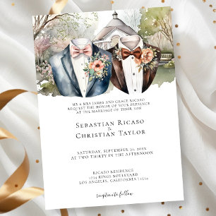 Elegant Gay Garden Wedding Two Grooms in Suits Invitation
