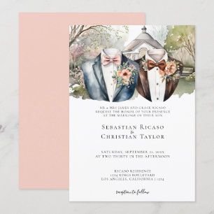 Elegant Gay Garden Wedding Two Grooms in Suits Invitation