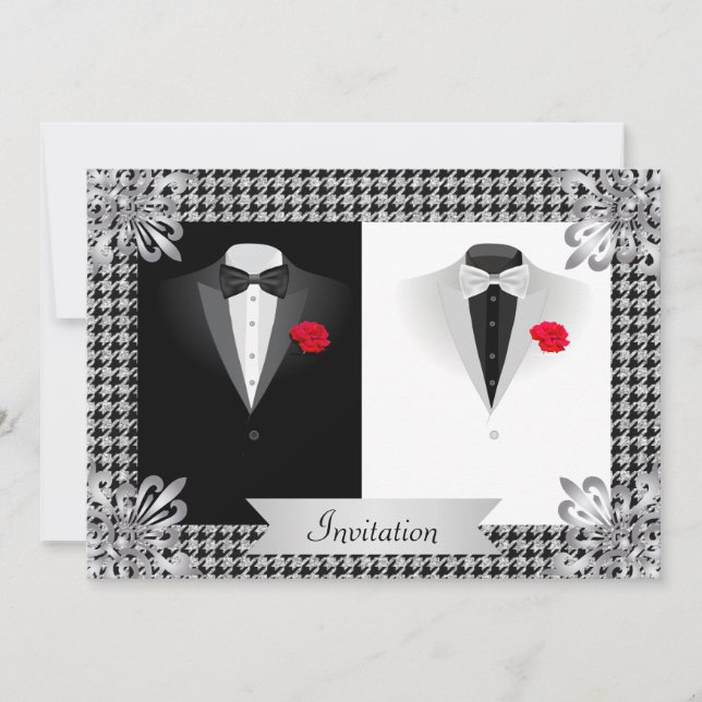 Elegant Gay Wedding Invitation with Two Tuxedos (Front)