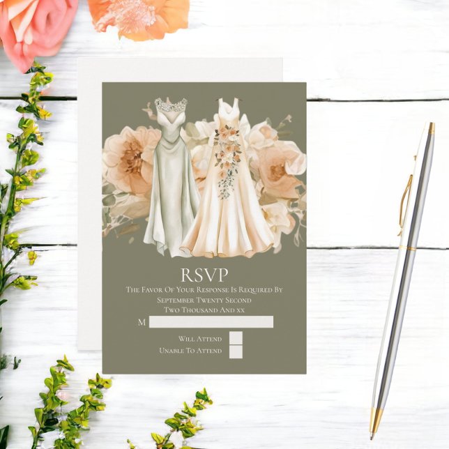 Elegant Gay Wedding Two Brides in Dresses RSVP Card (Elegant Gay Wedding Two Brides in Dresses RSVP Card from Ricaso)