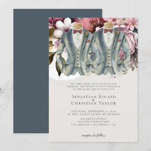 Elegant Gay Wedding Two Grooms in Suits Floral Invitation