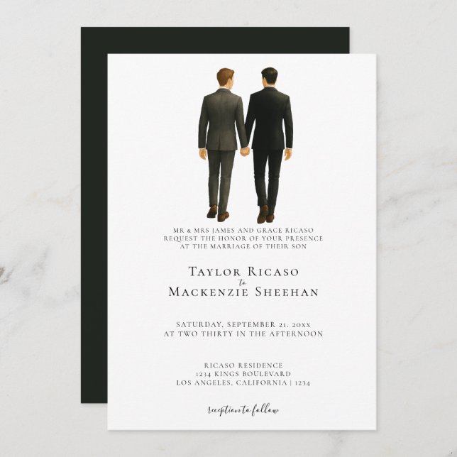 Elegant Gay Wedding Two Grooms in Suits Invitation (Front/Back)