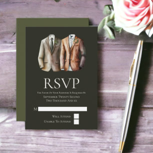 Elegant Gay Wedding Two Grooms in Suits RSVP Card