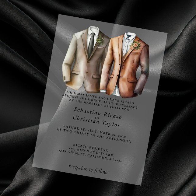Elegant Gay Wedding Two Grooms in Suits Vellum Invitations (Elegant Gay Wedding Two Grooms in Suits Vellum Invitations by Ricaso. Add your own wedding details)