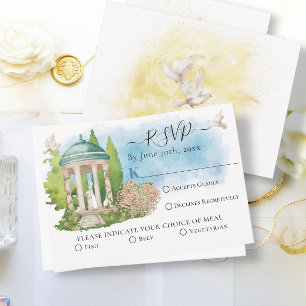 Elegant Gazebo flowers, doves Summer Wedding RSVP Card