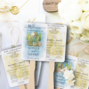Elegant Gazebo Statue doves Wedding Program Hand Fan