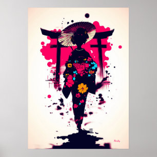 Elegant Geisha Under the Torii Gate Poster