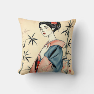 Elegant Geisha with Bamboo and Ink Patterns Cushion