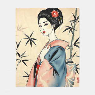 Elegant Geisha with Bamboo and Ink Patterns Fleece Blanket
