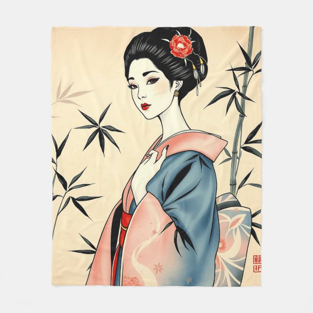 Elegant Geisha with Bamboo and Ink Patterns Fleece Blanket (Front)