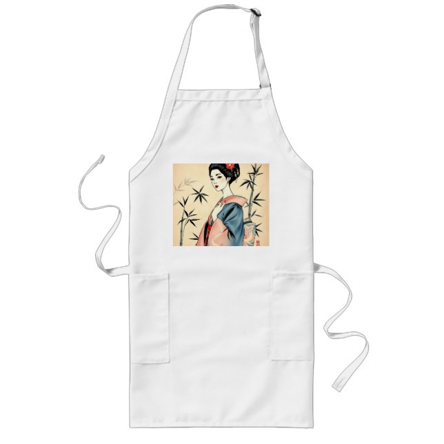 Elegant Geisha with Bamboo and Ink Patterns Long Apron (Front)