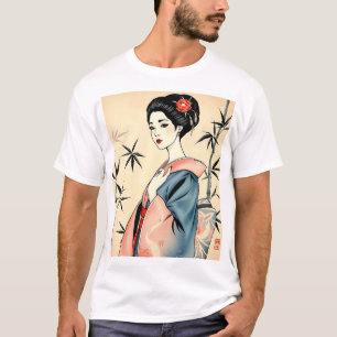 Elegant Geisha with Bamboo and Ink Patterns T-Shirt