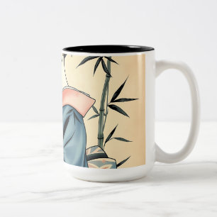 Elegant Geisha with Bamboo and Ink Patterns Two-Tone Coffee Mug