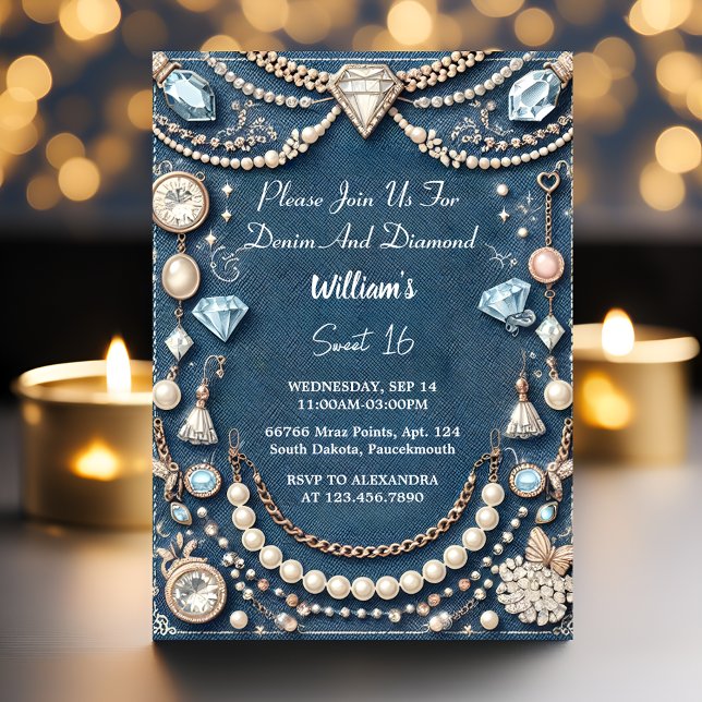 Elegant Gem Bling Denim And Diamonds Sweet 16 Invitation (Creator Uploaded)