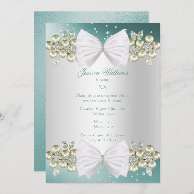 Elegant Gems & Bow Teal Birthday Invitation (Front/Back)
