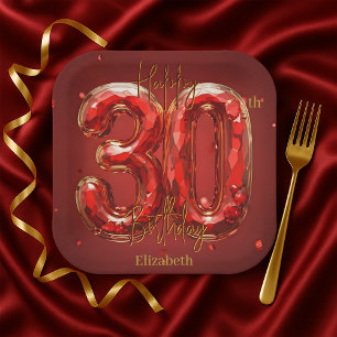 Elegant Gemstone Ruby and Gold 30th Birthday Paper Plate