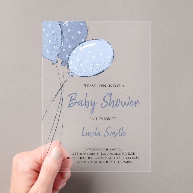 Elegant Gender Neutral Blue Balloons Baby Shower Acrylic Invitations (Insitu (Handheld))
