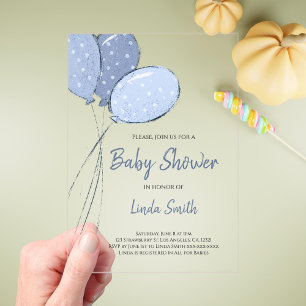 Elegant Gender Neutral Blue Balloons Baby Shower Acrylic Invitations