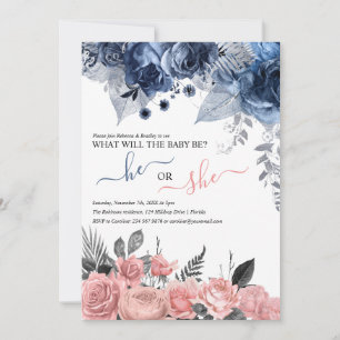 Elegant Gender Reveal   Blue And Pink Floral Invitation