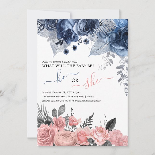 Elegant Gender Reveal | Blue And Pink Floral Invitation (Front)