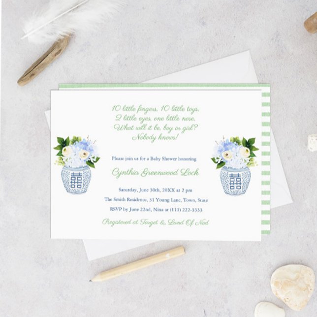 Elegant Gender Unknown Poem Baby Shower Party Invitation (Preppy Poem Gender Neutral Green And White Baby Shower Invitation)