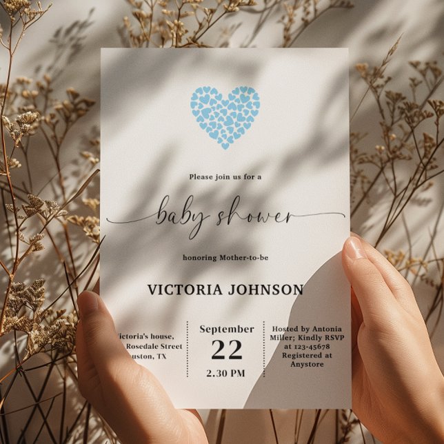 Elegant Gentle Blue Heart Baby Shower Party  Invitation (Creator Uploaded)