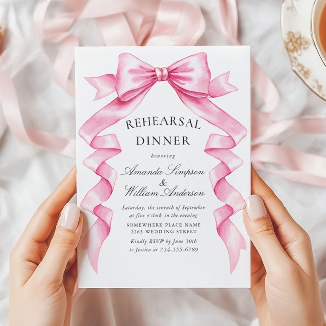 Elegant Gentle Pink Bow Ribbon Rehearsal Dinner Invitation (Creator Uploaded)