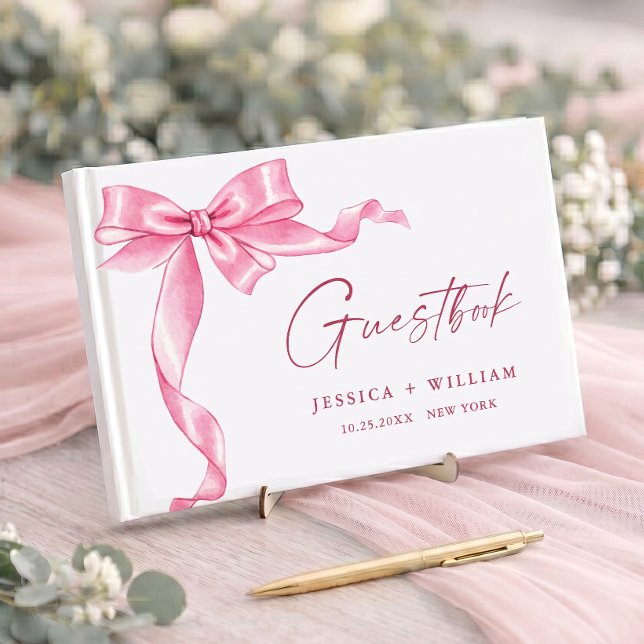 Elegant Gentle Pink Bow Ribbon Wedding Guest Book (Creator Uploaded)