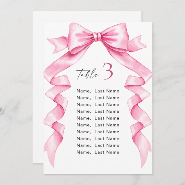 Elegant Gentle Pink Bow Wedding Seating Chart Card (Front/Back)