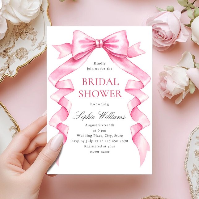 Elegant Gentle Pink Hand Drawn Bow Bridal Shower Invitation (Creator Uploaded)