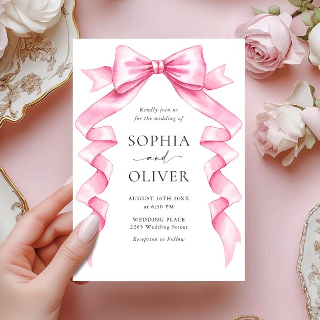 Elegant Gentle Pink Hand Drawn Bow Wedding Invitation (Creator Uploaded)
