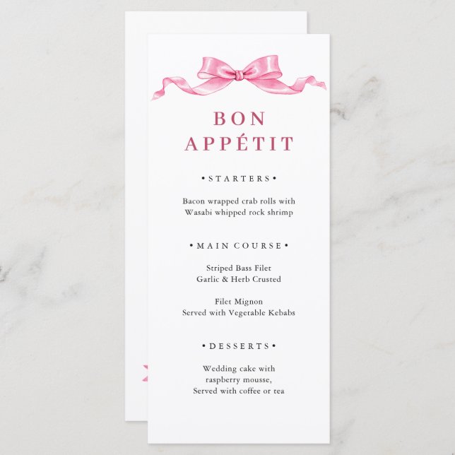 Elegant Gentle Pink Hand Drawn Bow Wedding Menu (Front/Back)