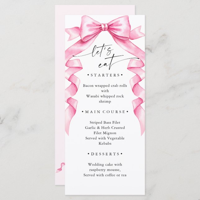 Elegant Gentle Pink Hand Drawn Bow Wedding Menu (Front/Back)