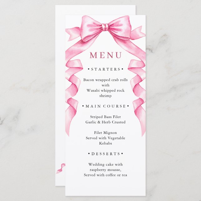 Elegant Gentle Pink Hand Drawn Bow Wedding Menu (Front/Back)