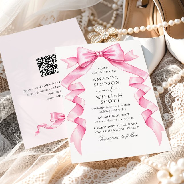 Elegant Gentle Pink Hand Drawn Bow Wedding QR code Invitation (Creator Uploaded)