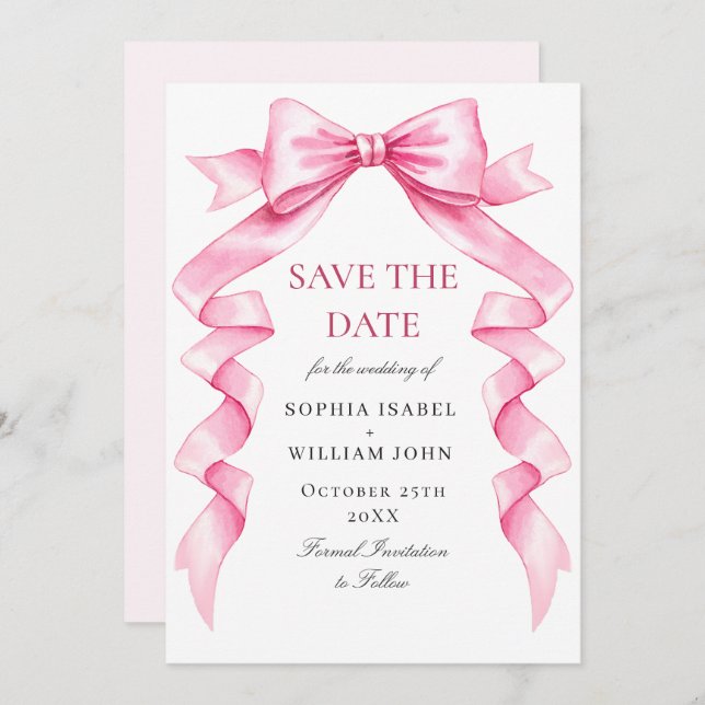 Elegant Gentle Pink Hand Drawn Bow Wedding QR Code Save The Date (Front/Back)