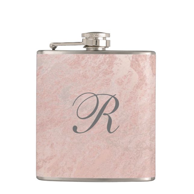 Elegant gentle rose gold marble wedding monogram hip flask (Front)