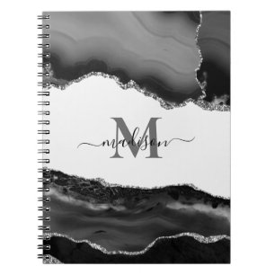 Elegant Geode Agate Monogrammed Silver Glitter Notebook