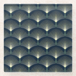 Elegant Geometric: Blue Art Deco. Glass Coaster