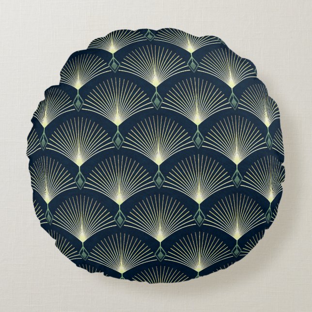 Elegant Geometric: Blue Art Deco. Round Cushion (Front)